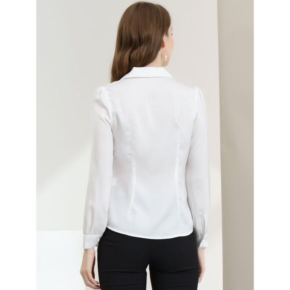 Women's Collar Blouse Long Sleeve Satin Button Down Shirt White - Picture 5 of 6